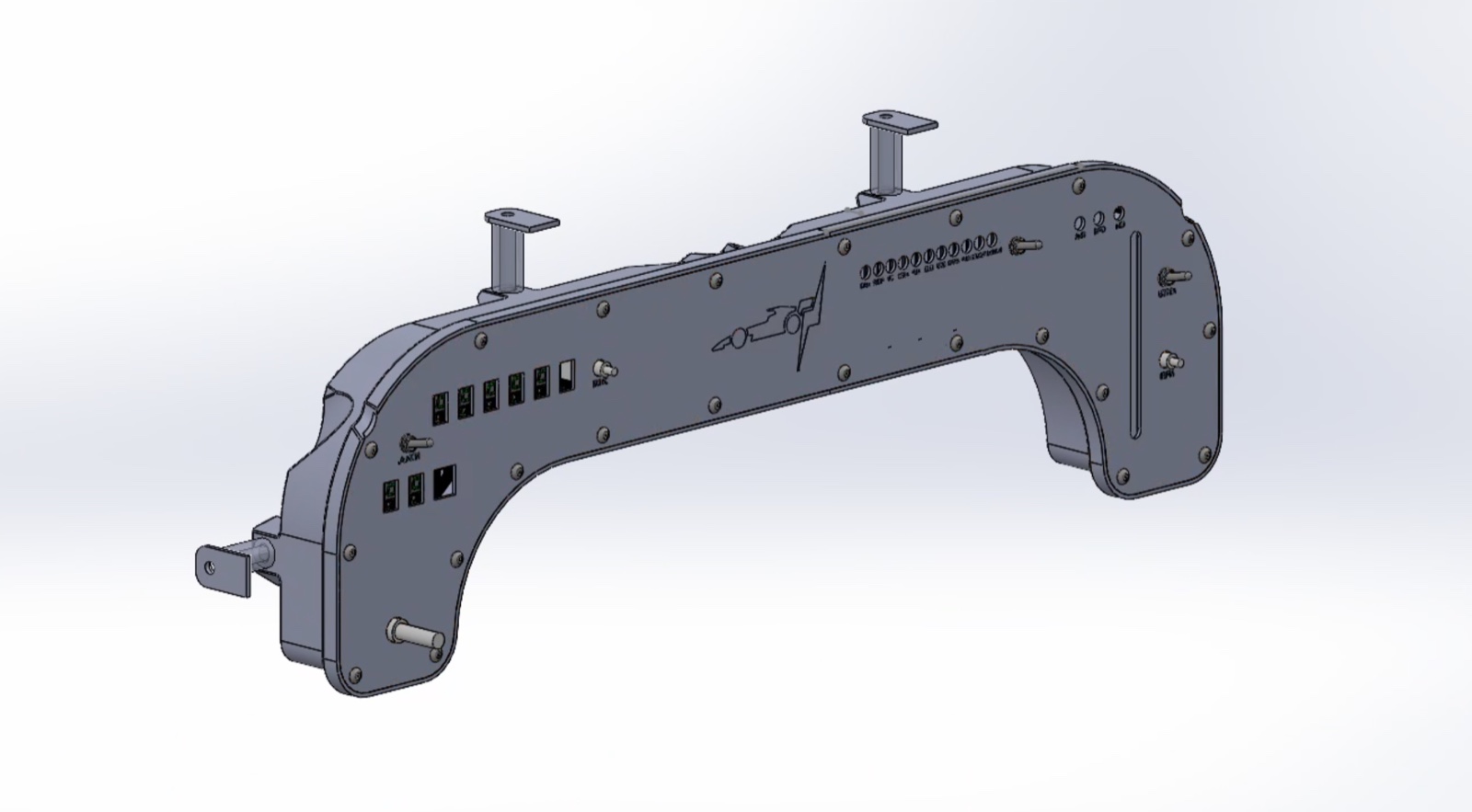 SolidWorks model of the V6.0 pDIM dashboard enclosure, showing the arched profile, switch and LED cutouts, and mounting tabs