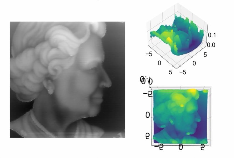Greyscale topography scan of a Canadian quarter beside two 3-D surface maps of the same coin